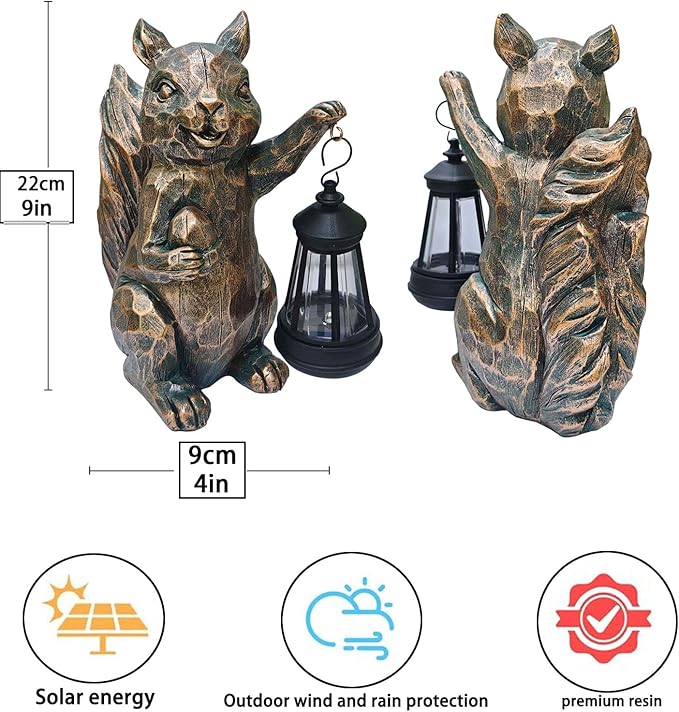 Garden Statues Squirrel Solar Figurine Decor Outdoor Waterproof Lights , Yard Decorations Outdoor, Garden Decor Unique Birthday Housewarming Gifts for Mom (Squirrel 2)