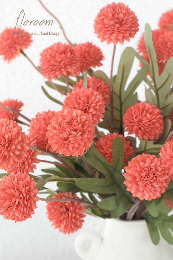 Floroom 5pcs Coral Orange Faux Silk Mums Artificial Flowers, Bulk Fake Small Mini Chrysanthemums with Stems for DIY Wedding Centerpieces Floral Arrangements Vase Fillers Home Decorations