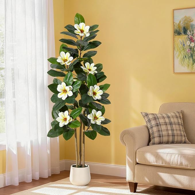 GarveeHome Faux Rubber Tree, 60 Inch Artificial Plants Indoor with Real Touch Leaves and Multi Trunks, Artificial Tree Fake Potted Plants with White Flowers for Home Decor Office Living Room