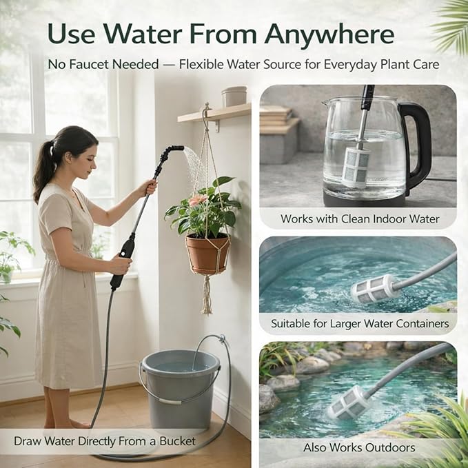 Electric Plant Watering Device for Indoor Plants, High Reach Watering Wand for Hanging Plants, Automatic Watering Tool from Bucket, Precise Flow No Spill, Portable Indoor Watering System