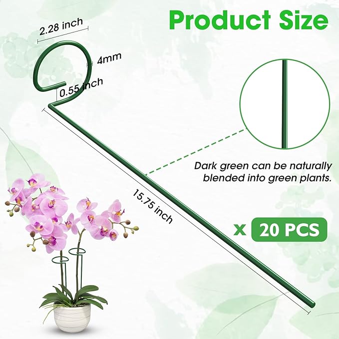 Unves 12 Pack Plant Stakes, 15.75 Inch Green Single Stem Flower Garden Plant Support with 100 Pcs Twist Ties, Plants Cage Support Rings for Amaryllis Orchid Peony Rose