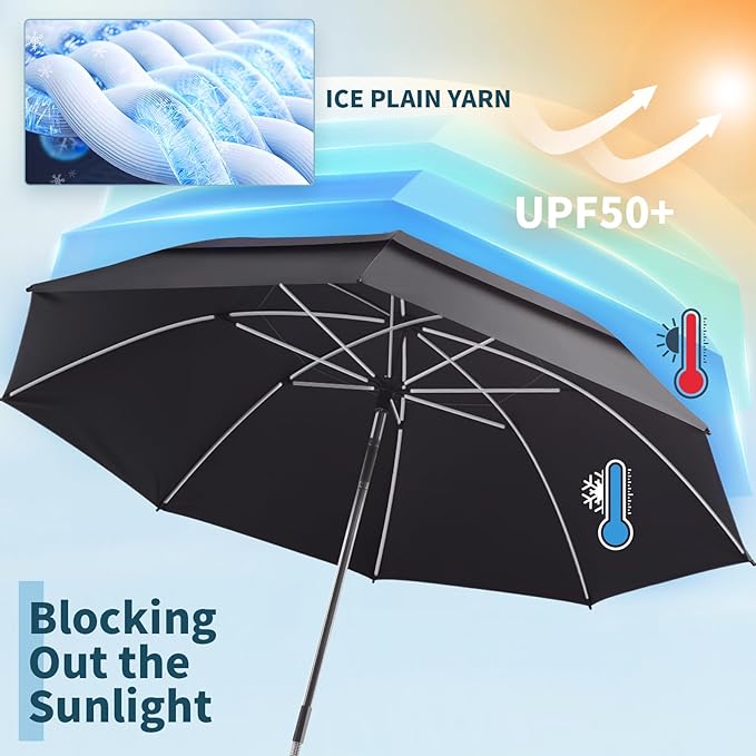 2 Pack 48.6" Double Canopy Umbrella with Clamp, UPF50+ Beach Chair Umbrella with Clip, 360°Adjustable Portable Outdoor Wheelchair, Patio, Golf Carts,Camping（Black）