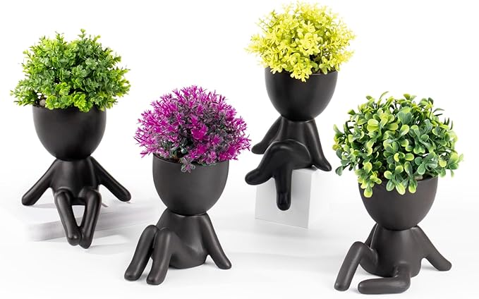 Zerzsy 4 Pack Cute Small Fake Plants with Creative Human Shaped Pots, Fake Plants Artificial Greenery Potted for Home Decor Indoor Shelf Desk Tabletop (Black)