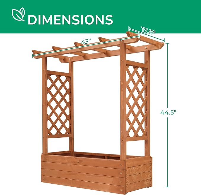 Outvita Raised Garden Bed with Trellis, Wood Planter Box with Hanging Roof, Side Trellis and Drainage Holes, Above Ground Elevated Garden Bed for Outdoor Climbing Plants Vines Vegetables (Teak Color)