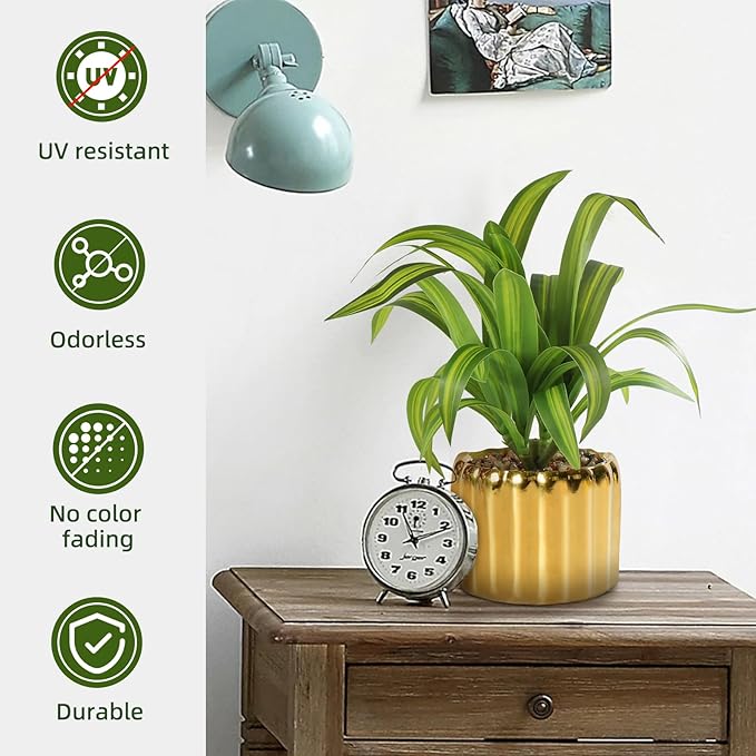 9" Artificial Dracaena Plant with Textured Leaves Golden Ceramic Pot Realistic Faux Greenery Fake Potted Plant Indoor Outdoor Home Decor for Living Room Office Garden Table Centerpiece