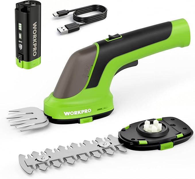 WORKPRO 3.6V Hedge Trimmer Cordless, 2-in-1 Electric Hedge Trimmer & Grass Cutter with 4.0Ah Removable Battery & Type-C Cable, Lightweight Bush Trimmer for Lawn & Garden