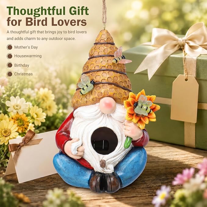 Bird House for Outside, Birdhouses for Outdoors, Decorative Bird Houses, Hanging Funny Bee Solar Gnome Birdhouse for Outside Cardinal Bluebird Wild Birds