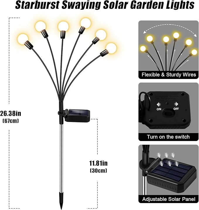 ZFNN Solar Lights Outdoor Garden – 6 Pack 36 LEDs Solar Firefly Lights, Swaying Lights Waterproof, Solar Decorations for Yard Patio Pathway Lawn Gardening Gifts - 6 Pack