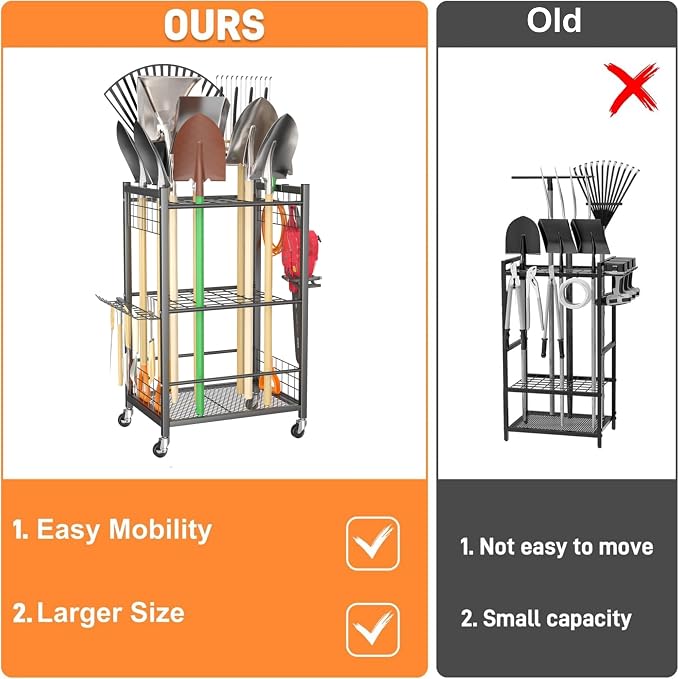 TORACK Garden Tool Stand with Wheels, Rakes Shovels Holder Yard Tools Organizer for Garage, Garden, Shed Indoor/Outdoor Long-Handled Tools Cart(Tool stand)