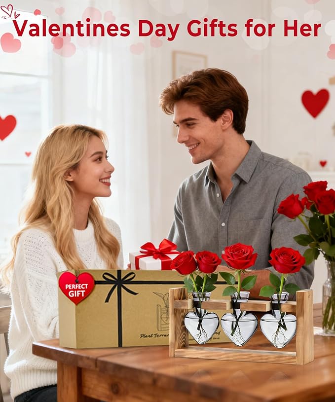 Nacome Plant Terrarium Propagation Stations: Mothers Day Gifts for Mom Plant Lovers Women Wife Daughter - 3 Bulb Glass Vase with Wooden Stand Tabletop for Hydroponics Home Garden Decor(Gray)