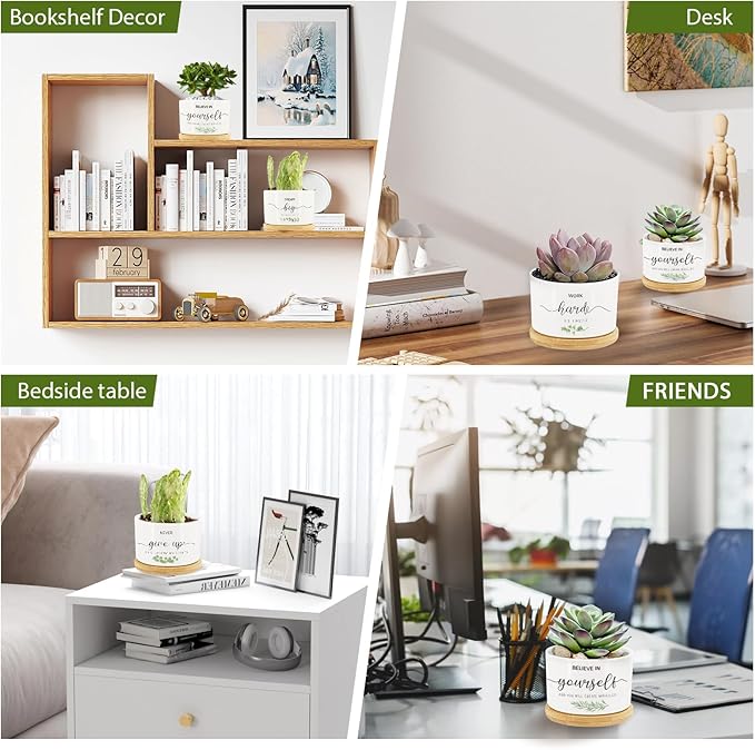 Tarklanda 6 Pcs Thank You Gift Succulent Pots Mini Ceramic Plant Pots with Bamboo Tray Flower Pots Planters for Teacher Coworker Employee Nurse Friends Appreciation, Plants Not Included