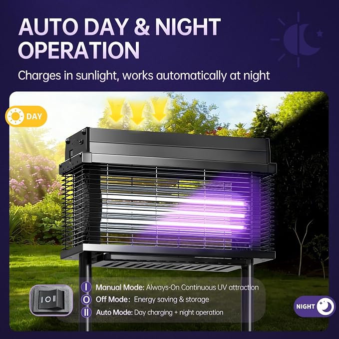 Solar Bug Zapper Outdoor, Purple UV Mosquito Zapper with Smart Rain Off Rechargeable Mosquito Killer Lamp, Wireless Solar Powered Fly Trap for Yard Patio RV (Black)