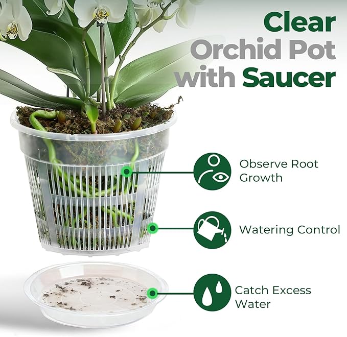 T4U Orchid Pot, 9 Pack Orchid Pots with Holes and Saucers for Repotting, 3 Each of 4.3, 5.5 and 6.3 Inch, Clear Plastic Flower Plant Pot for Indoor Outdoor Plants, Orchids Planter for Root Health