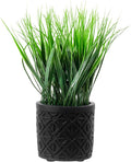 MyGift Artificial Green Grass Plant in Modern Black Concrete Pot with Geometric Embossed Pattern, Tabletop Faux Greenery Decorative Round Cement Planter Home Decor