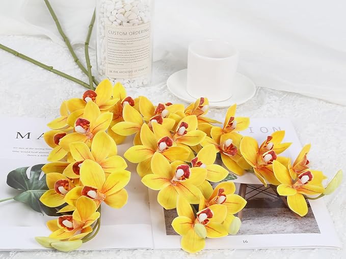 IPOPU Yellow 5 Pcs Artificial Orchids That Look Real Real Touch Latex Orchid Fake Flowers for Living Room Bathroom Kitchen Wedding and Engagement Centerpiece Arrangement