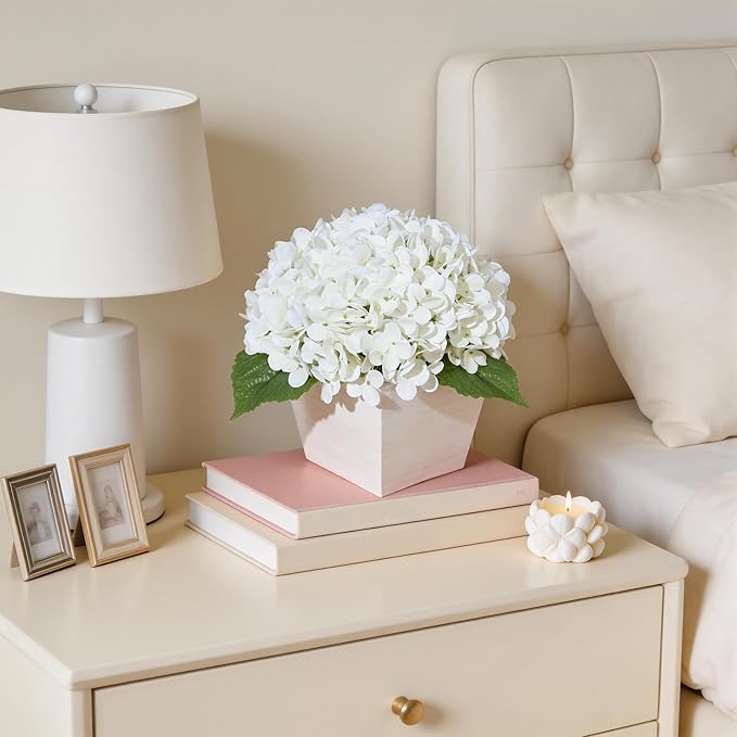 Artificial Hydrangea Flowers Arrangement in Wood Planter, 4PCS Fake White Flowers in Wooden Vase Potted Floral Centerpieces for Tables Living Room Home Office Room Shelf Kitchen Decor