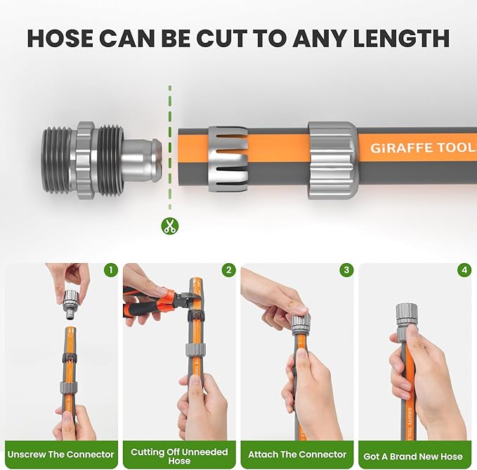 Giraffe Tools 5FT Garden Hose, 5/8" Lightweight Lay Flat Water Hose, No-Kink, Flexible Gardening Hose with Male to Female Aluminum Fitting, Customizable-Length Hose Pipe for Yard