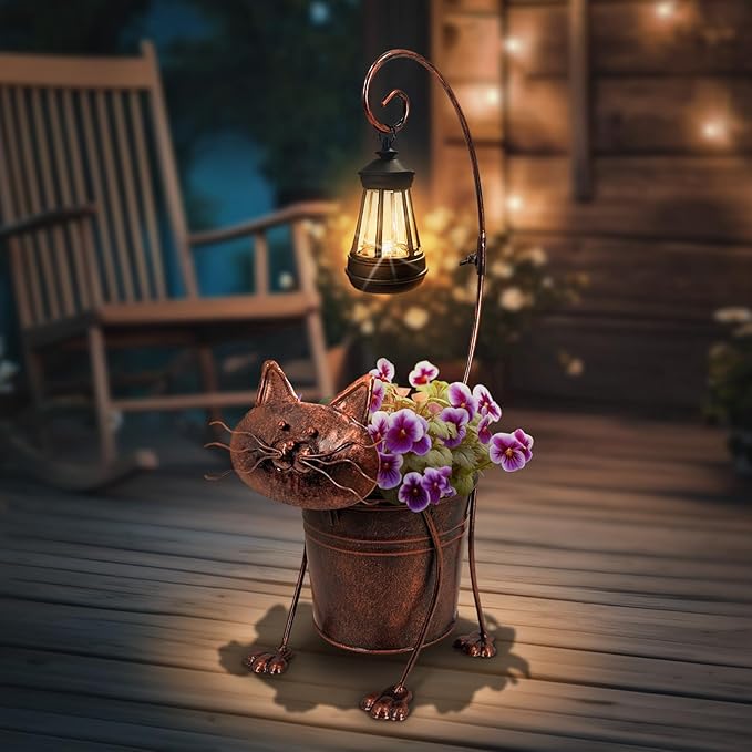 Solar Lights Outdoor with Planter Pot,Metal Cat Solar Lamp Post with Planter Base Outdoor Decorative for Yard,Porch,Patio,Floor Light with Garden Pots