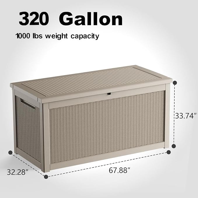 320 Gallon Resin Deck Box, Grey Outdoor Storage Box, Waterproof UV Resistant with Hydraulic Rod & Stable Structure, Great for Patio, Garden and Pool(Gray)
