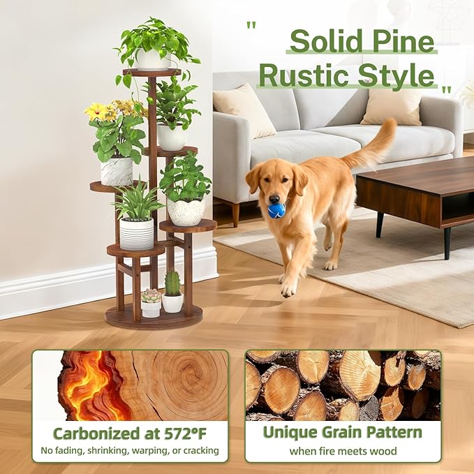 iDavosic.ly 5 Tier Plant Stand Indoor with Grow Light, Tiered Corner Wood Multiple Flower Holder Shelf, Tall Orchid Display Rack for Living Room Bedroom, Brown