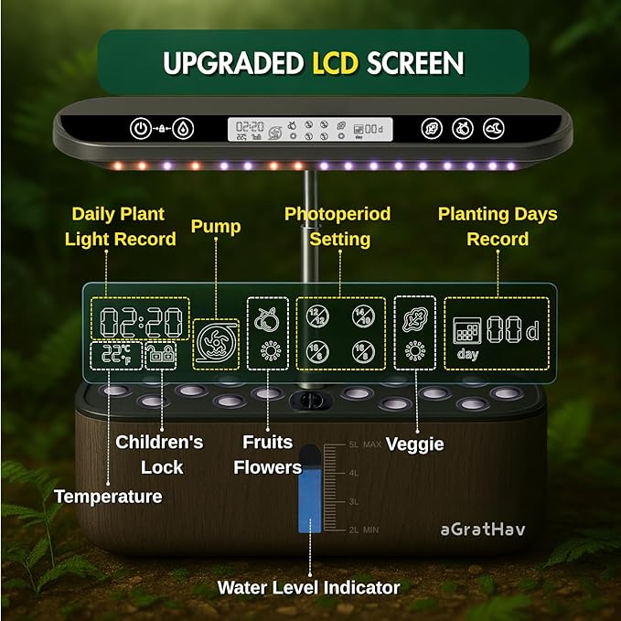Hydroponics Growing System Kit, Indoor Herb Garden, 14 Pods Upgraded LCD Display, LED Grow Light Quiet Smart Water Pump Automatic Timer, Hydroponic Planter for Home Kitchen Office (Black)