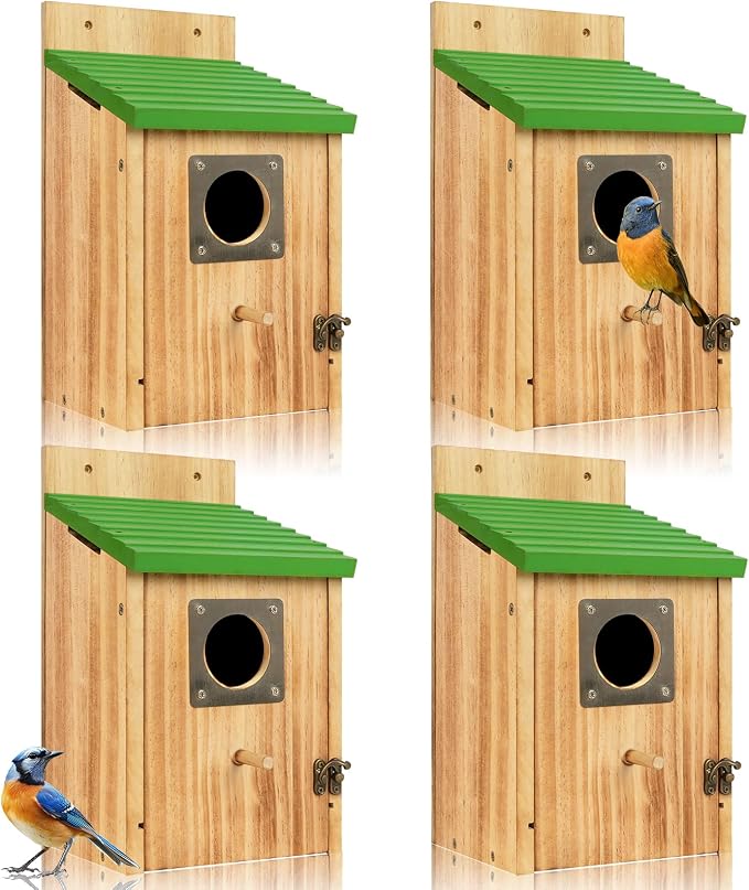 4 Pack Bird Houses for Outside - Cedar Bluebird Houses with Metal Predator Guard, Birdhouse for Wren Bluebirds Finches Swallows, Carbonized Wooden (Assembly Required)