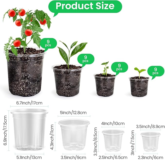 Bluepro 36 Packs 7/5/4/3.5 Inch Reinforced Clear Nursery Pots with Drainage Hole, Transparent Variety Pack Plastic Plant Pot Seedling Planter for Vegetable Propagation, Root Cutting, Seed Starting
