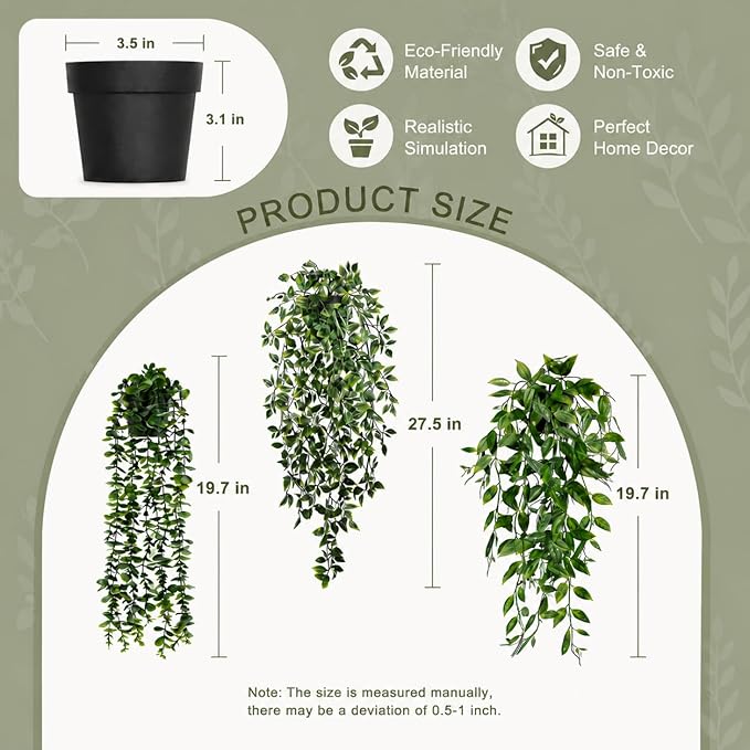 HIHADUUM 3PCS Artificial Hanging Plants with Pots, Faux Hanging Plants Indoor Outdoor, Fake Eucalyptus Vine Plants for Wall Shelf Bathroom Bedroom Living Room Balcony Home Decor