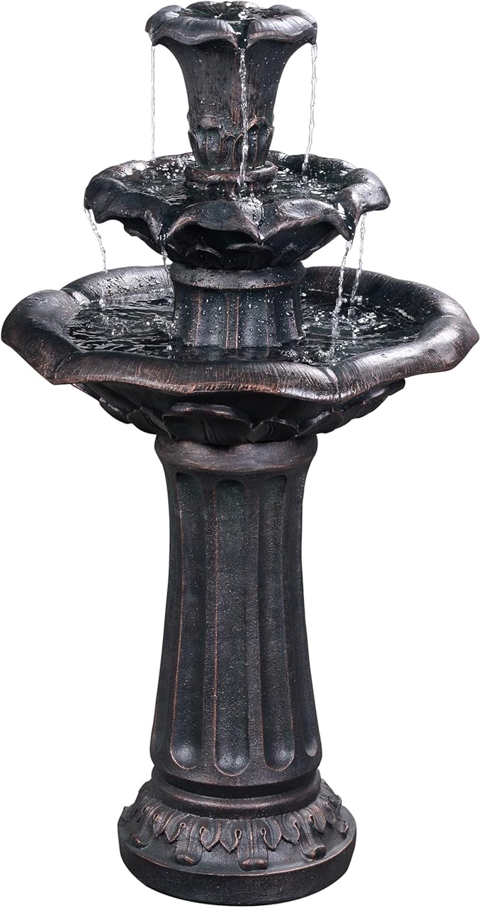 Teamson Home Lily Flower Floor Pedestal 3 Tiered Floor Waterfall Fountain with Pump for Outdoor Patio Garden Backyard Decking, 38 Inch Height, Dark Gray