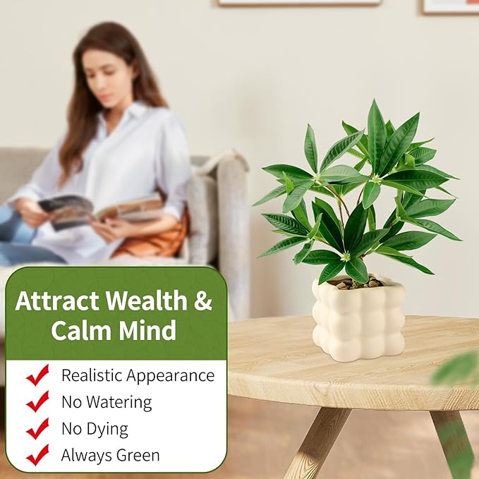 Small Money Tree Bonsai 10 inch Artificial Desk Plant in White Ceramic Pot, Realistic Indoor Faux Potted Pachira Money Plant for Home Office Living Room Decor(Maintenance Free)