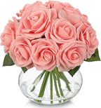 Hollyone Pink Roses Artificial Flowers in Vase Silk Fake Rose Bouquet Flowers Floral Arrangements with Glass Vase with Faux Water for Home Bathroom Office Table Centerpiece Shelf Decorations