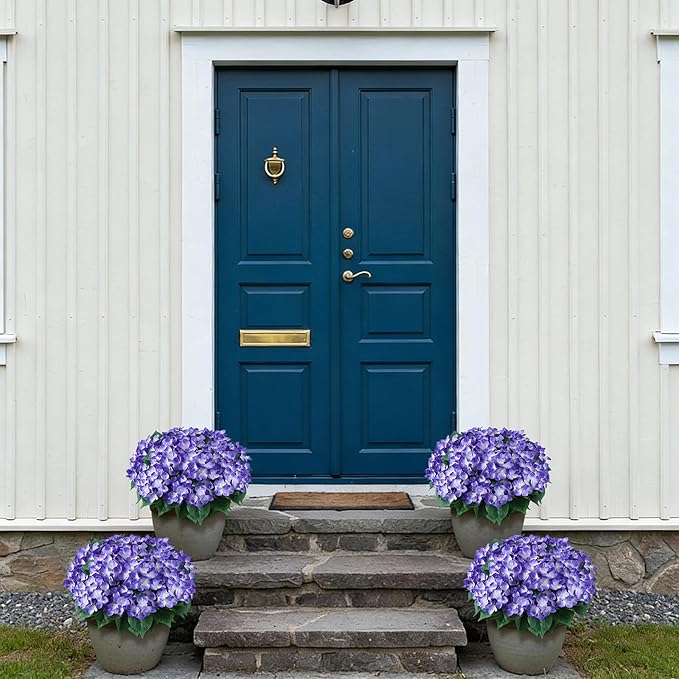 FOTEEWL 8 Bundles Artificial Hydrangea Flowers for Outdoor Decor, Realistic Faux Silk Bouquets Sun-Resistant Fake Plants for Front Door Balcony Farmhouse Garden Home Spring Summer Decor (Purple)