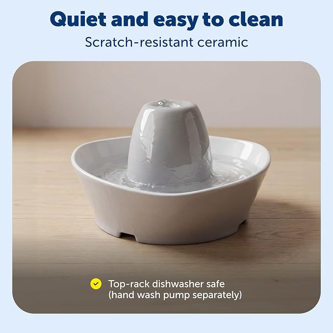 PetSafe Ceramic Pet Fountain for Cats and Small Dogs 60 Oz Water Capacity Whisper-Quiet Water Flow Great for Shy or Timid Pets Fresh, Filtered Water - Extra Carbon and Foam Filters Included
