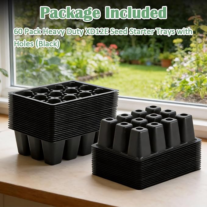 RooTrimmer 60 Pack Reusable 12-Cell Seed Starter Tray, Plant Starter Trays with Large Drainage Holes for Seed Germination, Easy to Repotted, Fits Standard 1020 Flats and TD377 Trays, Black