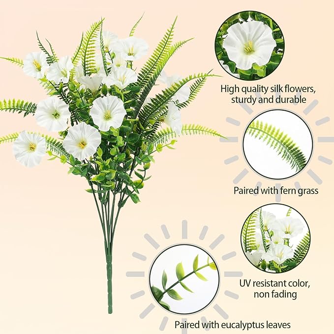 Artificial Flowers for Outdoors 12 Bundles White Artificial Petunias Fake Flowers UV Resistant Shrubs Plants with Fern for Indoor Outside Hanging Planters Home Garden Spring Decorations