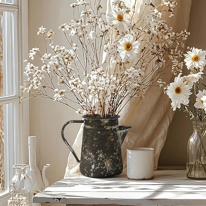 Vintage Pitcher Vase Rustic Farmhouse Vase for Flowers Vintage Metal Milk Jug Small Decorative Pitcher Shabby Chic Decor for Home, Kitchen, Bathroom, Brown