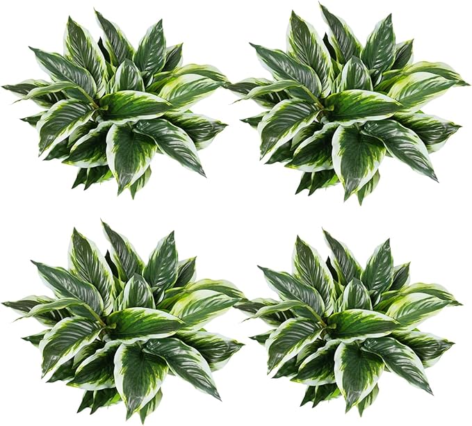 12PCS Artificial Tropical Green Plants – 15.75" Fake Hostas Outdoor Artificial Plants, UV Resistant, Faux Green Leaf Stems for Porch, Patio, Balcony, Garden Planter or Indoor Décor