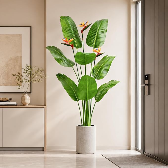 5FT Artificial Bird of Paradise Plant with Flowers, Tall Tropical Fake Plant Indoor, Large Artificial Plant for Living Room, Office Decor, Faux Floor Plant with Pot