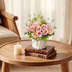 Artificial Flowers Fake Roses and Small CeramicVase,Artificial Plants & Flowers,Desktop Decoration，Suitable for Dining Tables, Living Rooms, bedrooms, Offices, Gifts, Weddings (Pink)