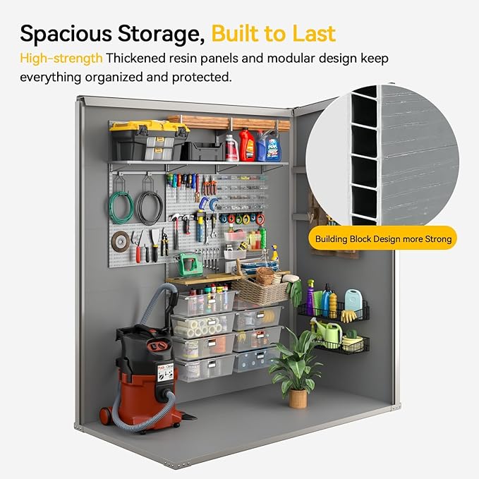 Aoxun 5x3 FT Outdoor Storage Shed, Plastic Resin Garden Shed with Floor for Patio, Lawn, Outdoor Storage Cabinet with Lockable Door for Bike, Tools, Garbage Can, Grey