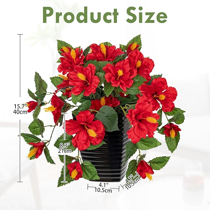 Briful 15.7'' Artificial Hibiscus Plant in Tall Black Woven Planter, Tropical Faux Hibiscus Flowers with Cascading Leaves, Small Fake Flower Pot for Bathroom, Entryway Table, Living Room Decor, Red