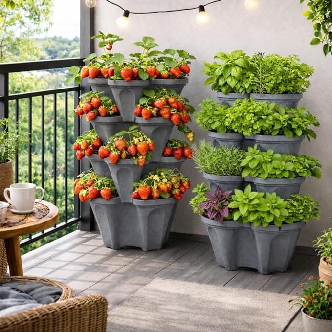 Vertical Garden Planter 4 Tier Stackable System 16 Plants, Space Saving Herb, Strawberry & Food Crop Planter with Center Support Hole for Indoor Outdoor Gardening (4, Slate Gray, Small)