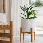 LA Jolie Muse Large Ceramic Planter with Stand Included,10 Inch Unique Modern White Plants Pot,Mid Century Indoor Planter with Wood Planter Holder with Drainage