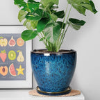 8 Inch Ceramic Planter Pot with Drainage Hole and Saucer, Ceraimc Plant Pot Round Flower Pot for Indoor Plants Outdoor Garden Planter, Blue