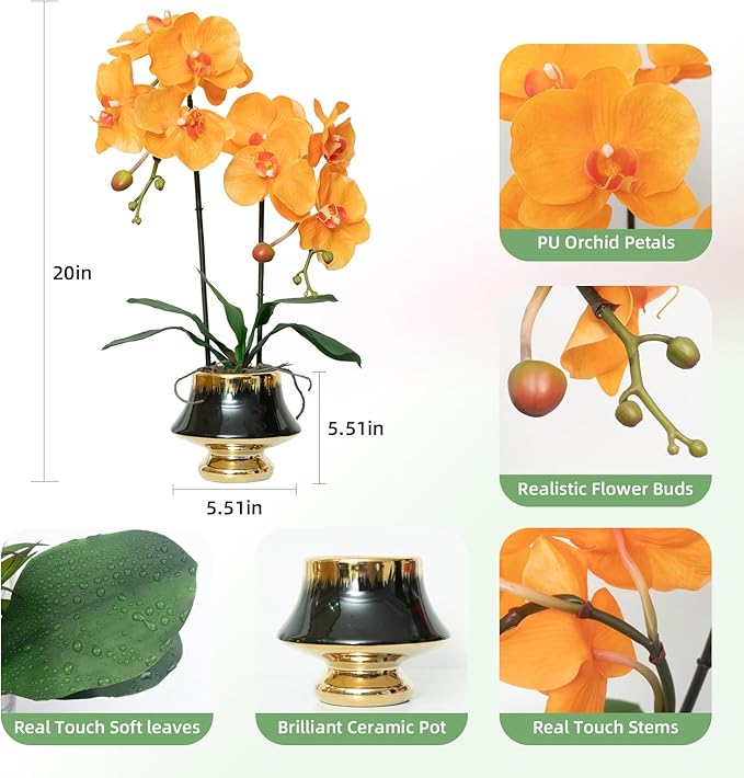 CXGS Orchids Artificial Flowers Realistic Fake Flowers in Ceramic Vase 20" Orange Faux Plants Indoor Lifelike Soft PU Phalaenopsis for Centerpiece Hotel Home Decor