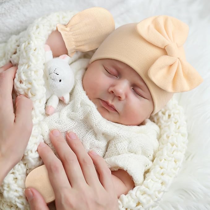 BQUBO Newborn Baby Girls Hats Mittens Set Hospital Hat Beanie Infant Bow Hats Baby Cotton Gloves for 0-6 Months