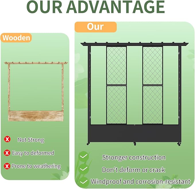 Raised Garden Bed with Trellis & Hanging Roof, Weatherproof Metal Planter Box with Wheels, Garden Arch Trellis for Outdoor Climbing Plants Vines Flowers, 74" H x 77" L x 17" W, Black