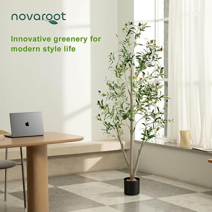 Olive Trees Artificial Indoor, 6FT Tall Faux Olive Tree with Moss and Planter, Artificial Plants Indoor with Natural Wood Trunk and Lifelike Fruits, Fake Tree for Home Office Living Room Decor