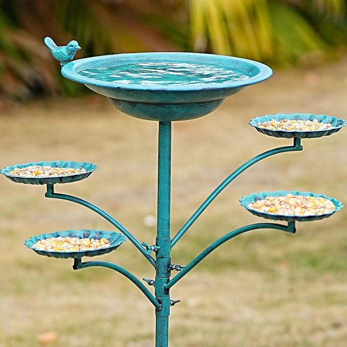 HOUYANG 35 "H Cast Iron Base Bird Bath for Outside, Metal Bird Feeding Bowl Tray, Metal Bird Bath Garden Patio Decor(Green)
