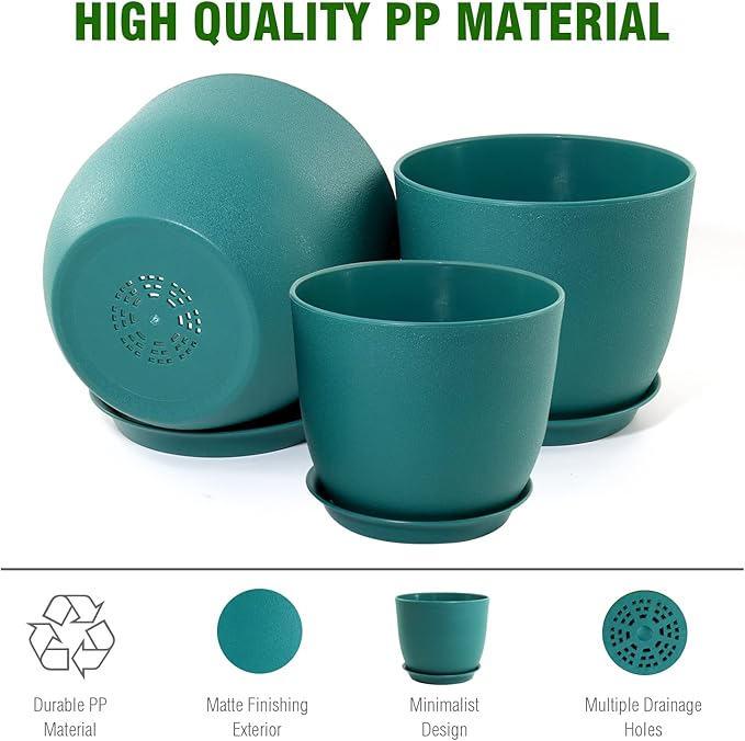 WSMKSZ Flower Pots 10/9/8 inch, Set of 3 Modern Decorative Plastic Planters with Drainage Holes and Tray for House Plants Indoor Flowers Plants, Plant Pots for Indoor Outdoor Plants, Blue Green